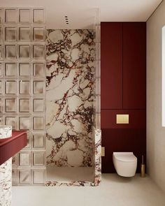 Coffee Shop Toilet Design, Two Tone Walls Bathroom, Orange Marble Bathroom, Red Marble Bathroom, Architect Bathroom, Restroom Interior, Maroon Bathroom, Wallpaper Decor Ideas