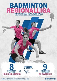 an advertisement for badminton tournament with three people in pink shirts and black shorts holding rackets