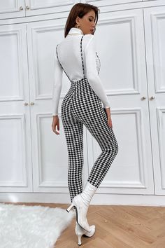 High Waist Fitted Overalls With Suspenders, Fitted High Waist Overalls With Suspenders, Trendy Fitted Bottoms With Suspenders, Suspender Jumpsuit, White Suspenders, Women Jumpsuit, Jumpsuit Fitted, Black And White Plaid, Jumpsuit Black