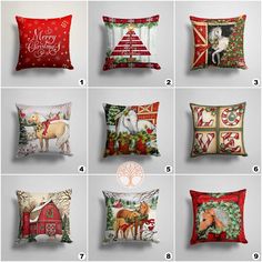 twelve christmas pillows with horses and trees on them