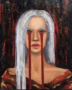 an oil painting of a woman with white hair and red tape coming out of her eyes