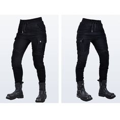 two images of black jeans with zippers on the bottom and one is wearing boots