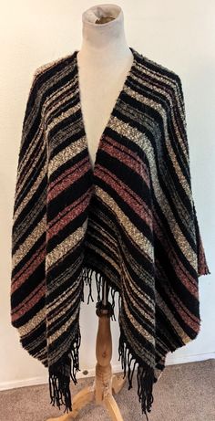 One Size Multicolor Shawl Cape, Multicolor One-size Shawl Cape, Multicolor One Size Poncho For Fall, One Size Multicolor Poncho For Fall, Multicolor Shawl Cape One Size, Multicolor Cape Poncho For Fall, Multicolor Cape Shawl One Size, Fall Multicolor Fringe Shawl, Multicolor Poncho Shawl With Scarf Detail