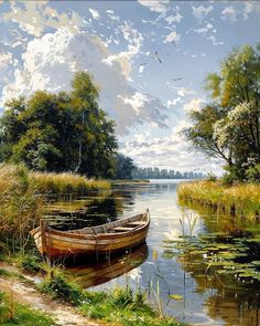 a painting of a boat on the water with grass and trees in the foreground