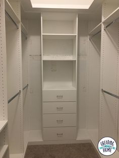 an empty walk in closet with white shelving and drawers on the bottom shelf, next to a carpeted floor