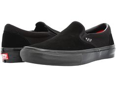 Vans Skate Slip-On - Men's Shoes : Black/Black : Step-up your skateboarding game with the Vans Skate Slip-On. This classic slip-on boasts branding tabs throughout, a higher side wall and now built extra tough to keep you going for longer skate sessions. Slip-on design with round toe. Reinforced DURACAP suede and canvas uppers. Newly designed two-part foxing tape that offers a deeper knurl pattern on the toe. Padded collar. Elastic side accents. POPCUSH energy return sockliner and footbed provide Long Skate, Vans Skate, Mens Shoes Black, Shoes Vans, Vans Slip On, Side Wall, Mens Vans, Vans Classic Slip On Sneaker, Vans Shoes