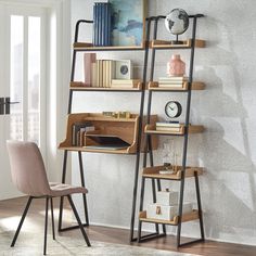 a desk with bookshelf and chair next to it