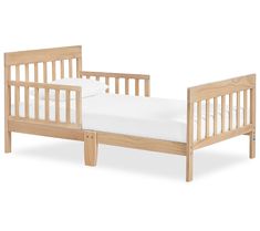 a wooden bed frame with white sheets on it and no mattress in the bottom half