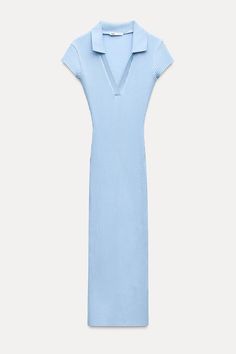 RIBBED DRESS - Mid-blue | ZARA United States Summer Polo Dress With Collared Neckline For Work, Fitted Collared Short Sleeve Dress, Elegant Spring Polo Dress For Work, Elegant Spring Workwear Polo Dress, Elegant Collared Polo Dress For Spring, Elegant Spring Polo Dress With Collar, Elegant Spring Collared Polo Dress, Chic Ribbed Collared Dress, Chic Collared Ribbed Dress