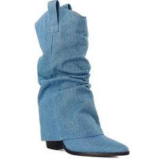 Blue Jean Pointed Toe Cowboy Boots Heel 2.75 Dress Up Or Down Casual Denim Blue Pointed Toe Boots, Blue Denim Boots With Pointed Toe, Summer Denim Boots With Pointed Toe, Summer Blue Denim Boots, Trendy Summer Denim Boots, Casual Denim Boots For Summer, Trendy Denim Blue Spring Boots, Casual Denim Summer Boots, Denim Blue Round Toe Boots For Summer