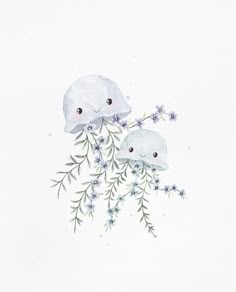 watercolor painting of two white elephants with blue flowers