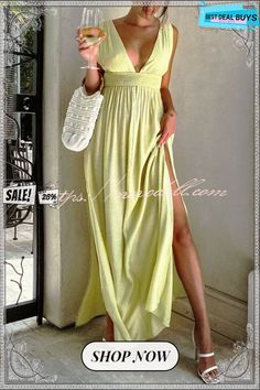 Easy Breezy Deep V Neck Vacation Maxi Dress Yellow Solid Color Maxi Dress For Vacation, Solid Color Summer Maxi Dress For Day Out, Chic Maxi Dress For Spring, Solid Color Maxi Dress For Beach Day Out, Beach Season Solid Color Maxi Dress For Day Out, Chic Solid Color Maxi Dress For Day Out, Spring Vacation Maxi Dress In Solid Color, Solid Color Maxi Dress For Spring Vacation, Trendy Solid Color Maxi Dress For Summer