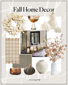 the fall home decor is shown in white and beige colors, including flowers, candles, vase