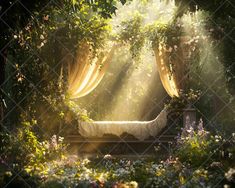 an open air bed in the middle of flowers and greenery with sunlight streaming through