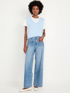 Mid-Rise Baggy Wide-Leg Trouser Jeans | Old Navy Casual Wide-leg Jeans With Belt Loops, Light Wash Bottoms For Fall Workwear, Fall Workwear Light Wash Bottoms, Fall Light Wash Workwear Bottoms, Light Wash Bottoms With Belt Loops For Fall, Casual Cargo Jeans With Belt Loops For Spring, Casual High-waisted Cargo Jeans With Button Closure, Casual Jeans With Welt Pockets For Fall, Trendy Elevated Casual Cargo Jeans With Pockets