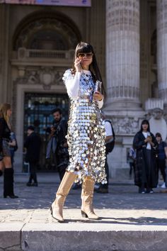 Daytime Sequins Outfit, Springtime Outfits, Mirror Costume, Sequin Dress Outfit, Dress Over Jeans, Dress Over Pants, Silver Metallic Dress, Dresses With Cowboy Boots, Disco Cowgirl