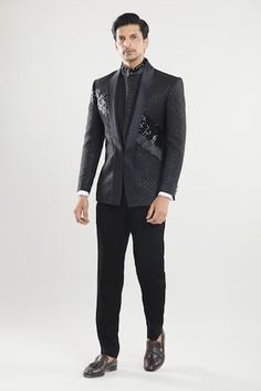 Black tuxedo with sequin embroidery. Paired with waist coat and pant. - Aza Fashions Embroidered Tailored Bandhgala For Festive Occasions, Festive Embroidered Tailored Bandhgala, Designer Festive Unstitched Suit For Semi-formal Occasions, Designer Embellished Bandhgala For Semi-formal, Designer Embellished Bandhgala For Semi-formal Occasions, Designer Tailored Embellished Sets, Semi-formal Embellished Black Sets, Black Embellished Sets For Semi-formal Occasions, Black Formal Suits For Eid