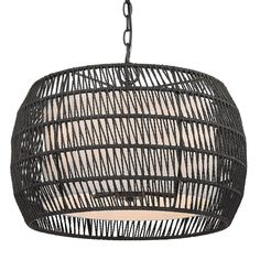 a black rattan chandelier hanging from a chain