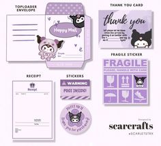 purple and white stationery with stickers, envelopes, and thank you notes