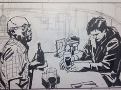 a drawing of two men sitting at a table