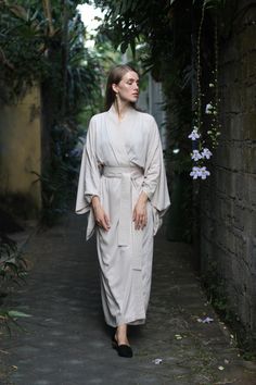 Elegant Beige Dress With Kimono Sleeves, Elegant Beige Kimono For Loungewear, Elegant Cream Summer Kimono, Long Cream Robe For Spring, Beige Long Maxi Dress For Loungewear, Elegant Beige Wrap Kimono, Beige Kimono Sleeve Robe For Spring, Beige Robe With Kimono Sleeves For Spring, Long Beige Robe For Loungewear