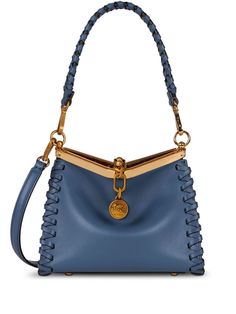 blue calf leather braid detailing logo charm clasp fastening single detachable top handle detachable shoulder strap main compartment Designer Blue Shoulder Bag With Braided Handles, Blue Calf Leather Shoulder Bag For Evening, Blue Calf Leather Shoulder Bag With Detachable Strap, Luxury Blue Shoulder Bag With Braided Handles, Blue Calf Leather Bag With Gold-tone Hardware, Dolce E Gabbana, Blue Bags, High Jewelry, Valentino Garavani