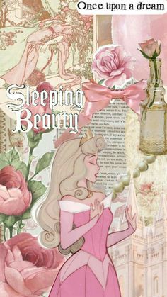 an image of a pink princess with roses in her hand and the words sleeping beauty on it