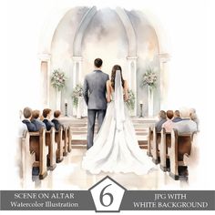 a watercolor painting of a bride and groom walking down the aisle at their wedding ceremony