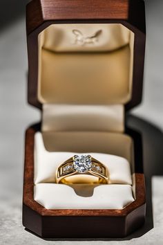 an engagement ring in a wooden box