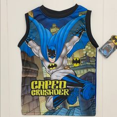 Batman Black Tops With Cartoon Print For Playtime, Black Cartoon Print Tops For Playtime, Playful Black Tops For Playtime, Black Summer Playwear Tops, Fun Black Tops For Playtime, Playful Black Fitted Tops, Playful Fitted Black Tops, Black Crew Neck Tops For Playwear, Fitted Black Cartoon Print Tops