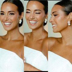 three different pictures of a woman in white dress smiling at the camera and wearing earrings