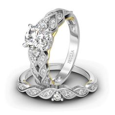 two wedding rings with diamond accents on each side and an intricate band around the middle