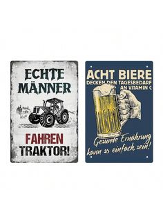 two metal signs with different types of beer and farm related items on the front one has a farmer's hand holding a mug