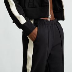 The Dream Pant Black / Canvas – Everlane Sporty Bottoms With Elastic Cuffs And Straight Hem, Athleisure Ankle-length Sweatpants With Elastic Cuffs, Elastic Cuffs Sweatpants For Workwear, Streetwear Tapered Leg Joggers With Elastic Panels, Athleisure Sweatpants With Tapered Leg And Elastic Panels, Streetwear Joggers With Elastic Side Panels And Tapered Leg, Sporty Sweatpants With Side Stripes And Relaxed Fit, Sporty Straight Leg Pants With Elastic Cuffs, Sporty Sweatpants With Elastic Cuffs