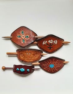 Set of 5 vintage tooled leather hair barrettes. Ringwood Nj, Leather Hair Accessories, Hand Tooled Leather, Vintage Tools, Rhinestone Heart, Recycled Leather, Tooled Leather, Dream Jewelry, Screw Back Earrings