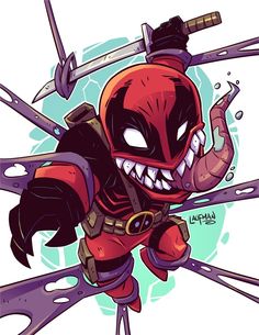 a cartoon deadpool character holding two swords