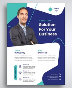 a blue and white business flyer template with a man in a suit on the front