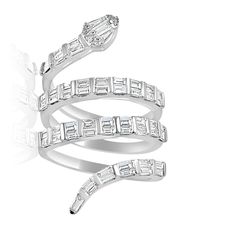 Spiral Snake Baguette Diamond with 14K White Gold Rings  14K White Gold: 7.87 g 56 Baguette 1.13 ct 4 Diamond: 0.04 ct Formal Fine Jewelry White Gold Snake Ring, Luxury Formal White Gold Snake Ring, Luxury Polished Snake Ring For Formal Occasions, Formal White Gold Diamond Snake Ring, Spiral Snake, Diamond Stacking Rings, Emerald Diamond Ring, White Gold Diamond Rings, 14k White Gold Ring