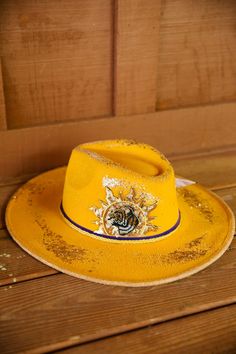 THE GOLDIE RANCHER RANCHER HAT Judith March Gold Costume Hat With Short Brim For Kentucky Derby, Gold Costume Hats For Kentucky Derby With Short Brim, Gold Fedora For Party, Gold Hat For Kentucky Derby, Gold Wide Brim Costume Hat For Parties, Gold Fedora Hat For Party, Gold Curved Brim Costume Hat For Summer, Gold Fedora For Kentucky Derby, Gold Flat Brim Hat For Party