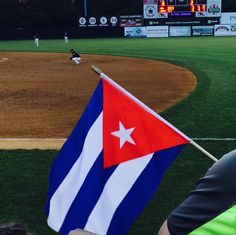 a man holding a flag on top of a baseball field