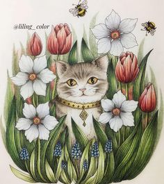 a drawing of a cat sitting in the grass with flowers and bees around its neck