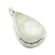 Size: 22x15x7 mm. Size including bail: 27x15x7 mm. Teardrop-shaped natural stone jewe in white with blue and yellow reflections. It is a unique handmade jewel. Its style is boho chic  You will receive the item as pictured. The chain/cord is not included. Optionally: You can add a sterling silver chain or a leather cord and get a beautiful necklace   Flexible snake chain characteristics: - Length: 50 cm (20\") - Thick: 1 mm (0.04\") - Chain type \"Snake\" - Sterling silver  Semi rigid chain characteristics: - Length: 45,5 cm (18\") - Thick: 1,2 mm (0.05\") - Sterling silver 946  Leather cord characteristics: - Length: 50 cm (20\") - Genuine leather: 2 mm - Metal clasp  Artisan jewel. Handmade Jewel, Snake Chain, Leather Cord, Sterling Silver Chains, Beautiful Necklaces, Moonstone, Silver Pendant, Natural Stones, Boho Chic