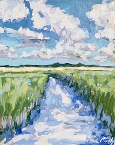 an oil painting of a dirt road in the middle of a green field with blue sky and clouds