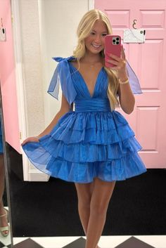 Bow Sleeves Royal Blue Plunging Neck Short Cocktail Dress Unique Prom Dresses Long, Velvet Homecoming Dress, Feather Homecoming Dress, Bow Sleeves, Floral Homecoming Dresses, Beaded Wedding Gowns, Ruffle Prom Dress, Cheap Homecoming Dresses, Hoco Dress