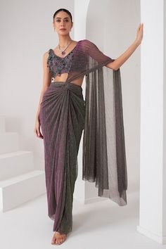 Purple metallic toned pre-draped saree crafted in platinoir crepe. Paired with a sleeveless V neck blouse with tonal crystal tassel and cutdana embellishments. - Aza Fashions Sleeveless V Neck Blouse, Different Wedding Dresses, Draped Saree, Purple Saree, Drape Saree, Purple Metallic, Blouse For Women, Purple Crystal, V Neck Blouse