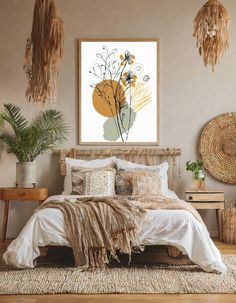 a bedroom with a bed, rugs and pictures on the wall above it that have plants in them