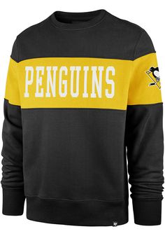 a black and yellow sweatshirt with penguins on the front, in white lettering that says penguins