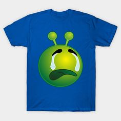 a blue shirt with an image of a green bug crying