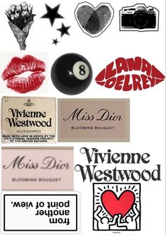 various stickers and decals on a white sheet with red lipstick, black eyeliners, an 8 - ball pool cue