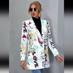 Unity V Neck Button Down Pop Art Print Blazer (New) Size:M -Colour: Multi-Coloured -Sleeve Length: Long Sleeve -Fabric: Lightweight Stretch Material: Cloth Composition: 95% Polyester 5% Elastane Streetwear 2023, Ladies Coat, Traditional Suit, Blazer Women, Winter Print, Elegant Ladies, Women Jacket, Jacket Fashion, Vintage Lettering